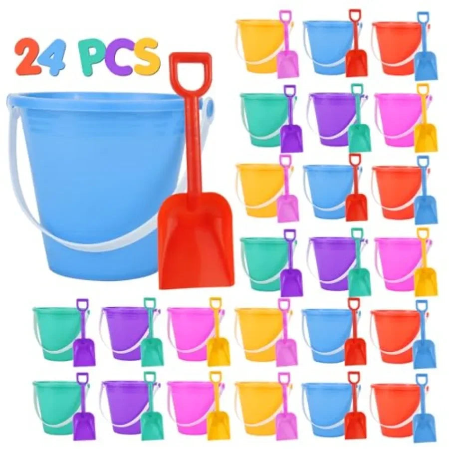 Set of 24 I YAN 5-inch sand beach buckets with shovels, perfect for summer beach fun and beach party activities.