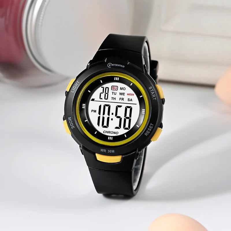 Yellow UTHAI CE49 kids smartwatch by I YAN, featuring luminous display, waterproof design, alarm, and electronic functions for boys and girls.