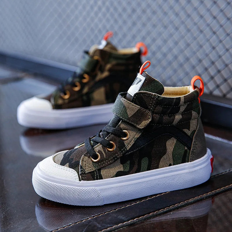 Spring Autumn Canvas Board Shoes Children Camouflage Flat Bottom Casual Shoes Boys Girls High Top Breathable Kid Sprint Sneakers