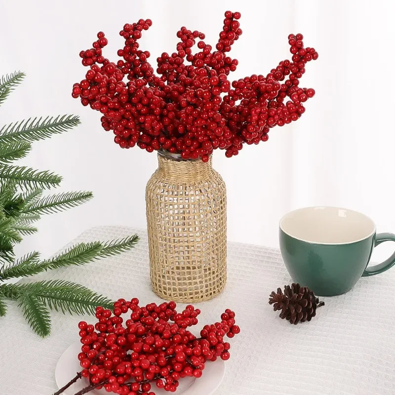 1/60PCS Christmas Red Berries Branch Artificial Holly Berry Stamen Flowers Wreath for Tree Ornaments New Year Party Home Decor