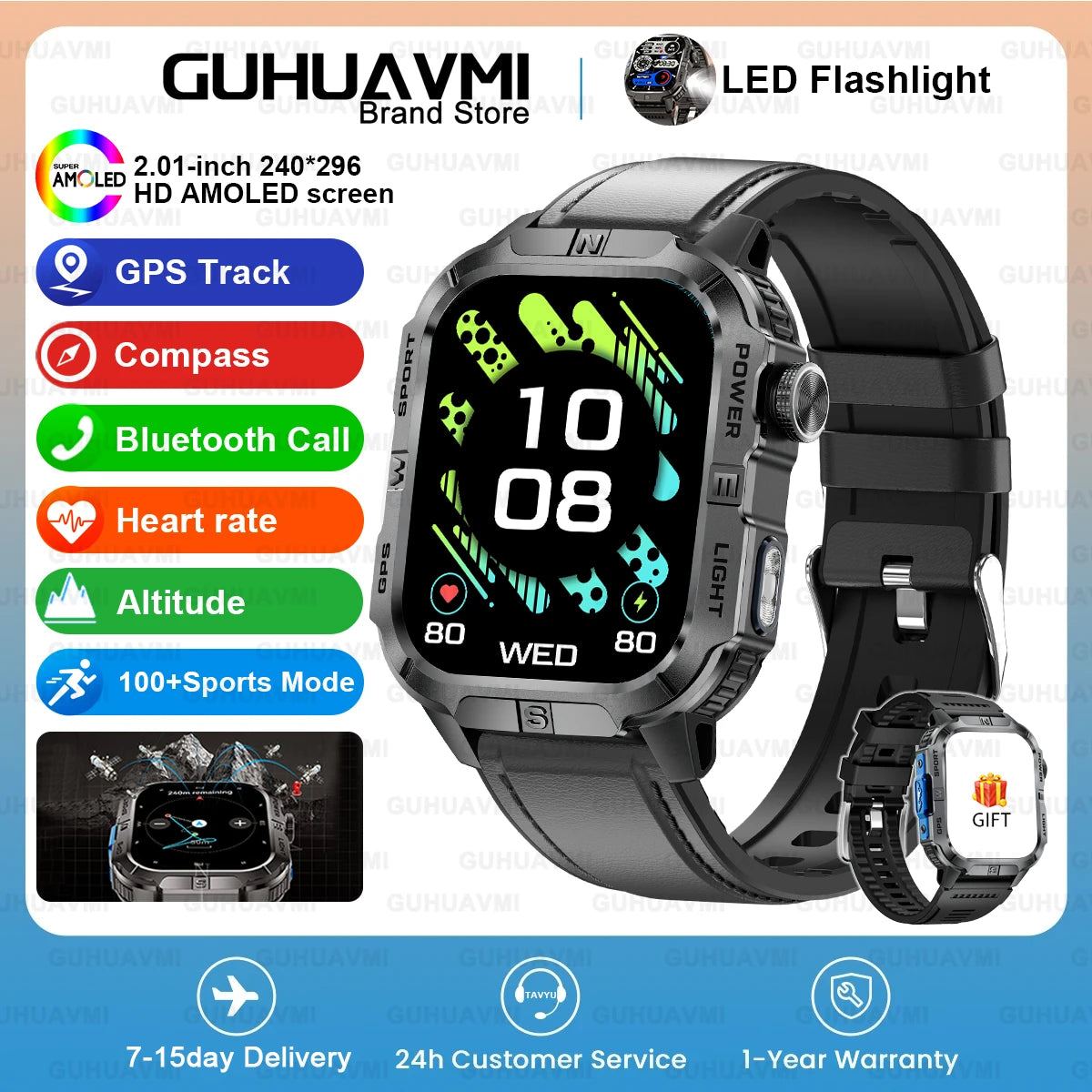 New Dual-Band Satellite GPS Smart Watch Men 2.01'' HD Screen Compass Military Flashlight Watches Waterproof Swim Smart Bracelet