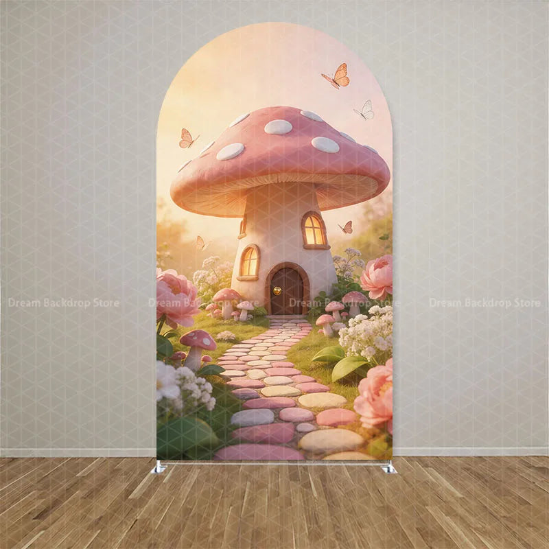 Custom Double-sided Wonderland Fairy Mushroom Butterfly Arch Backdrop Cover Girls Birthday Party Baby Shower Decor Background