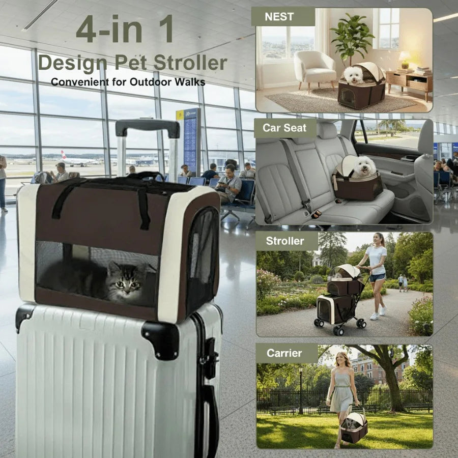 I YAN dual 4-in-1 pet stroller with four wheels, foldable design for medium dogs and cats up to 50lbs, brown color.
