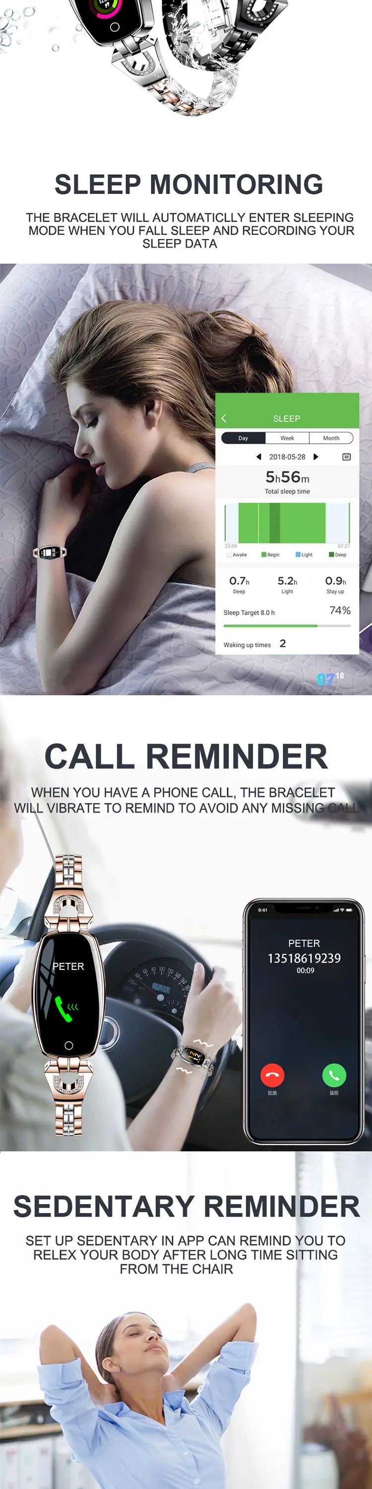 Lemonda H8 Stainless Steel Sleep Heart Rate Tracker Smart Watch with Call Reminder Waterproof Touch Screen Online Sports