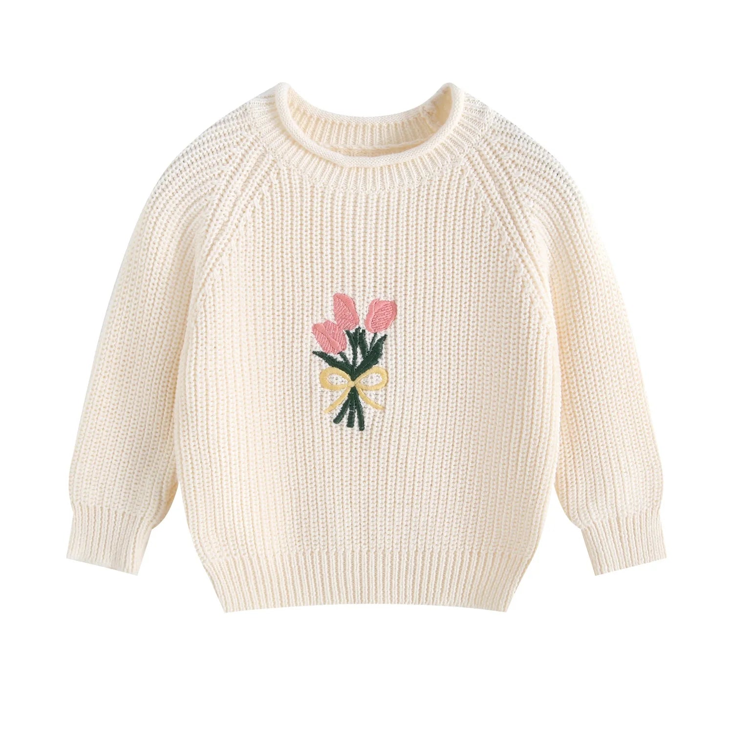 Girl Cotton Knit Pullover Embroidered Tulip Flower Sweater 2026 Spring Autumn 0-5Y Children Long Sleeve Clothing