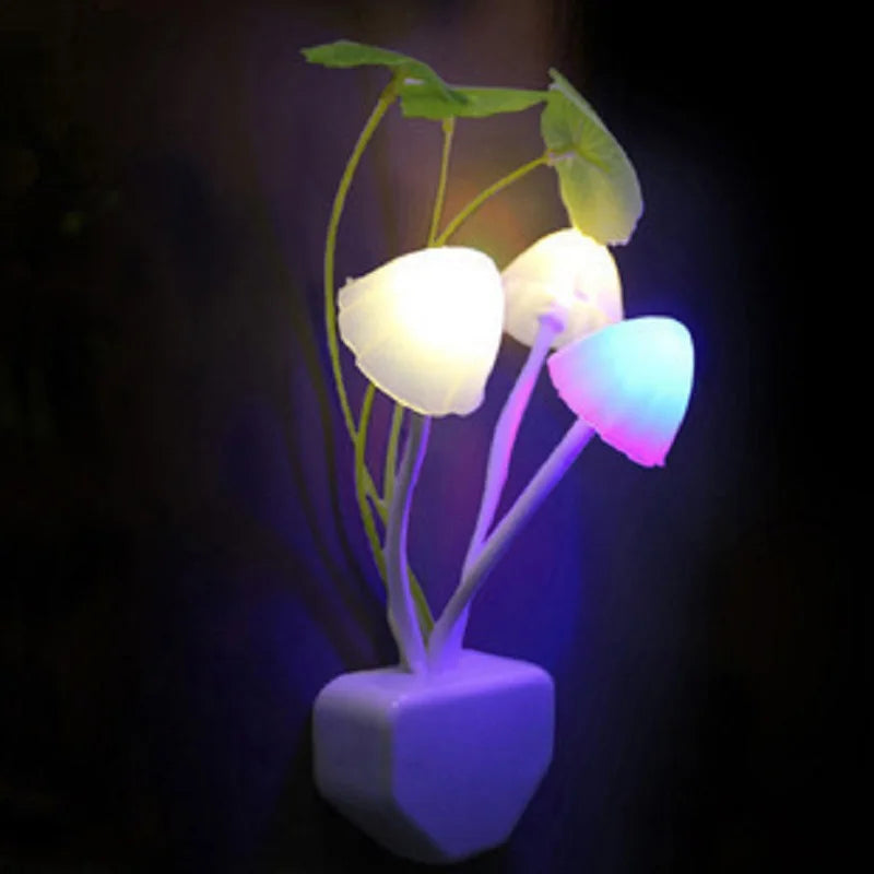 Colorful mushroom night light with LED bulbs, EU and US plug, sensor, 220V, from I YAN, ideal for cozy lighting.