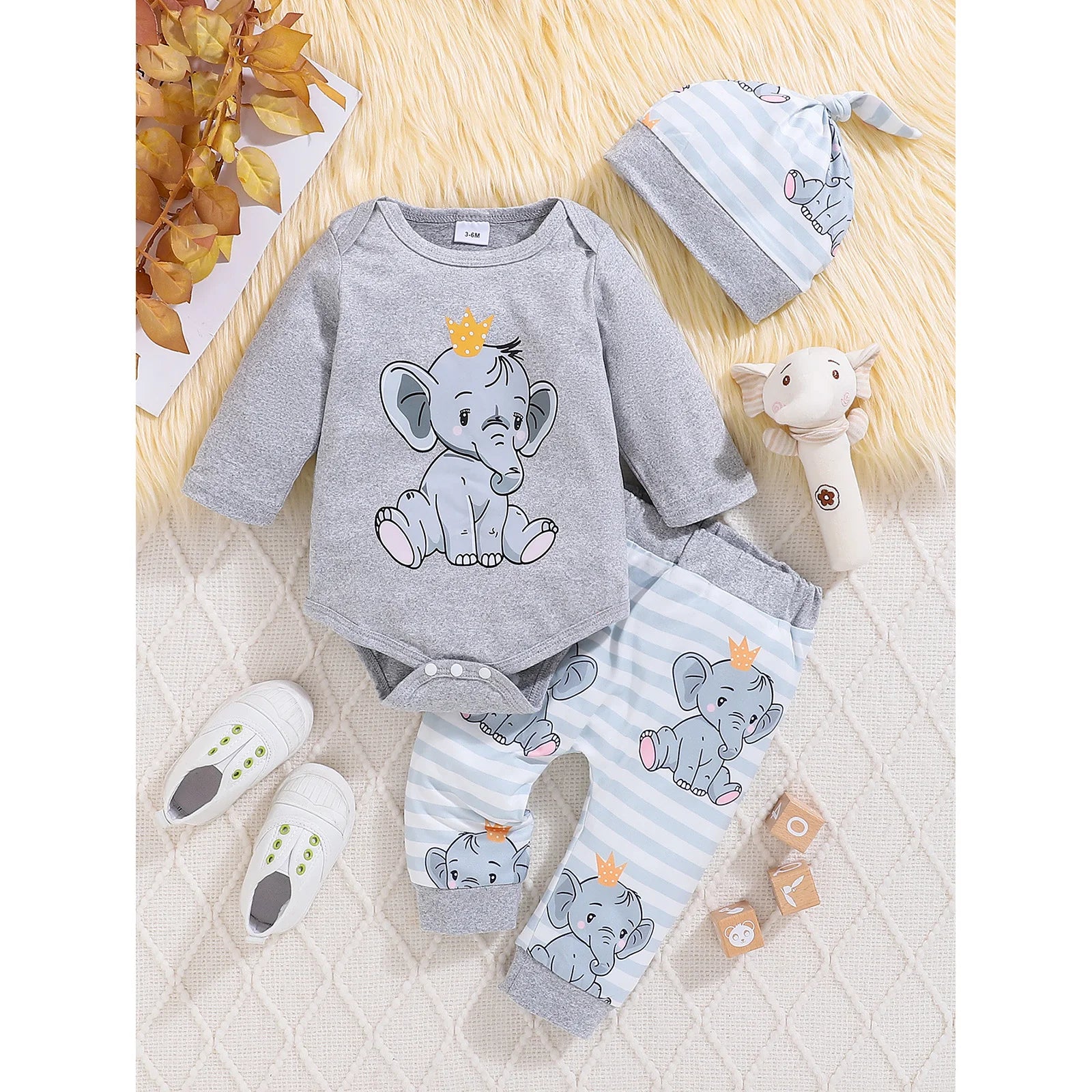 Baby Elephant Print Outfit Set 3-Piece – Romper, Pants & Hat - I YAN