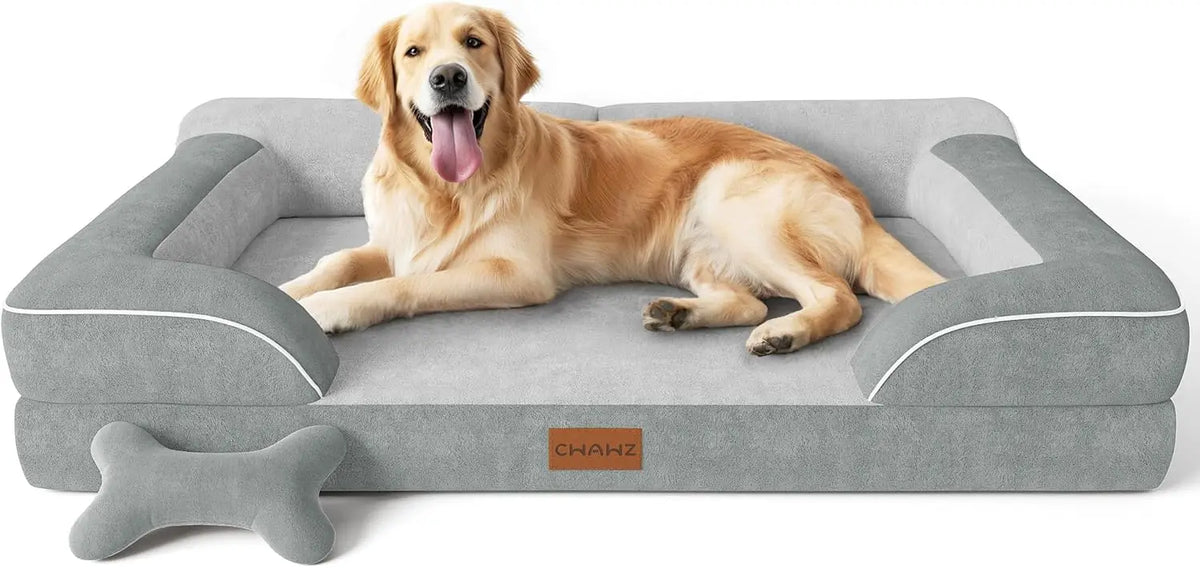 Light gray orthopedic dog bed with cooling gel memory foam and waterproof washable cover, 42-inch pet sofa by I YAN