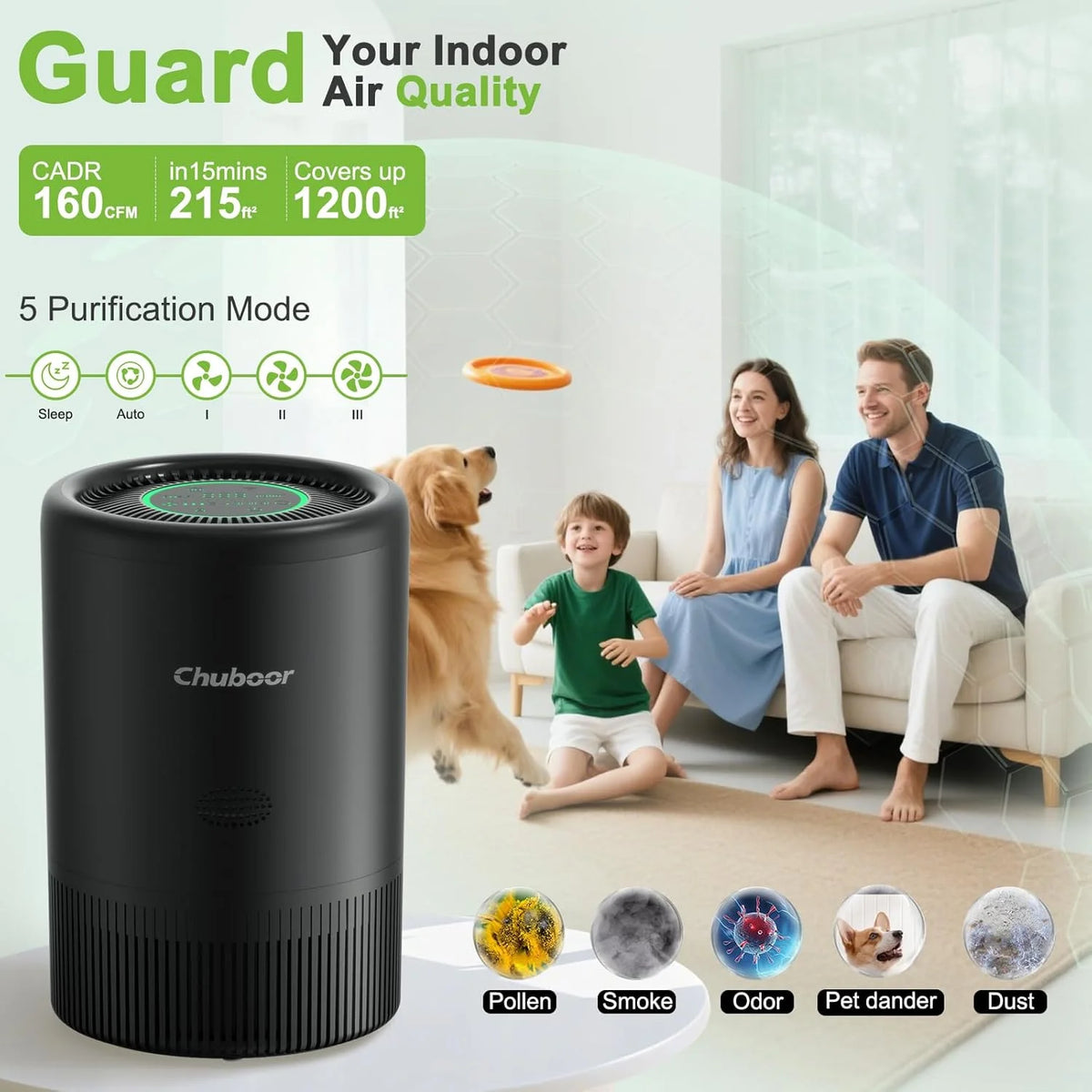I YAN Chuboor smart air purifier with HEPA filter, app and Alexa control, PM2.5 monitor for bedroom or living room use.