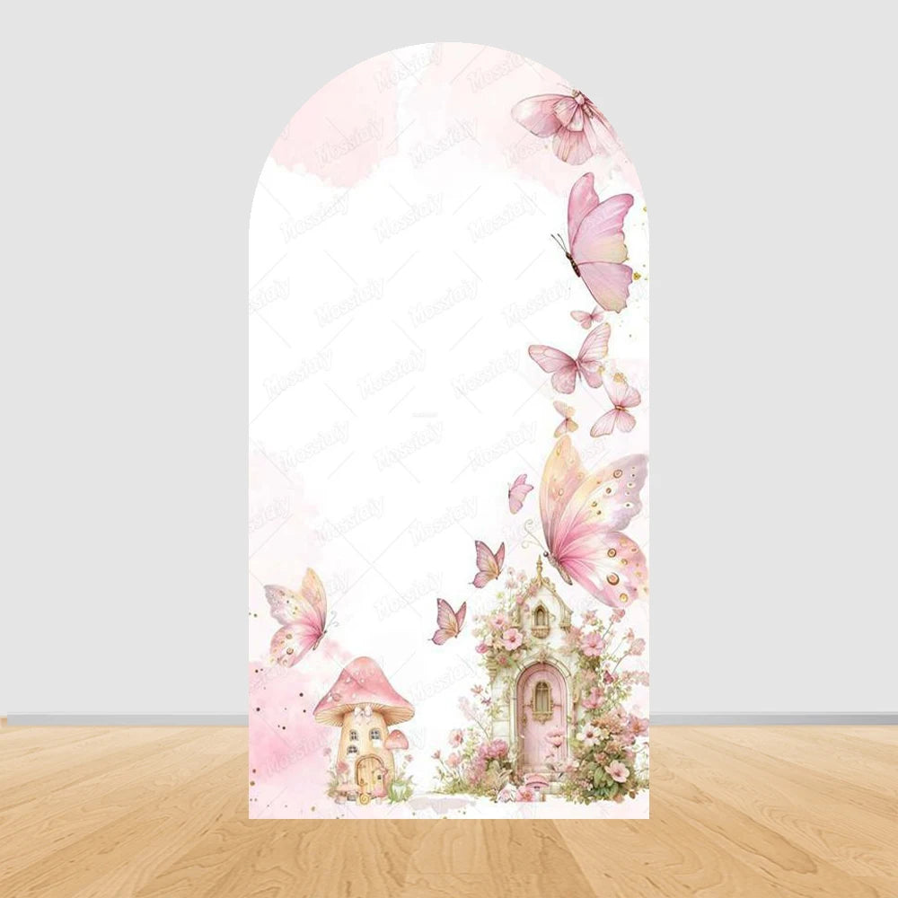 Fairy First Birthday Arch Cover Background Flower Pink Mushroom Door Ballet Girl Baby Shower Party Decor Photo Arch Backdrops