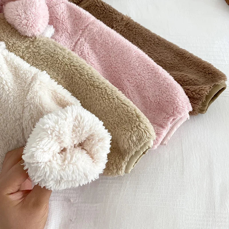 Plush Baby Girls Boys Jacket Spring Autumn Keep Warm Zipper Hooded Outerwear Cute Rabbit Bear Infant Coat 0-5 Years Kids Clothes