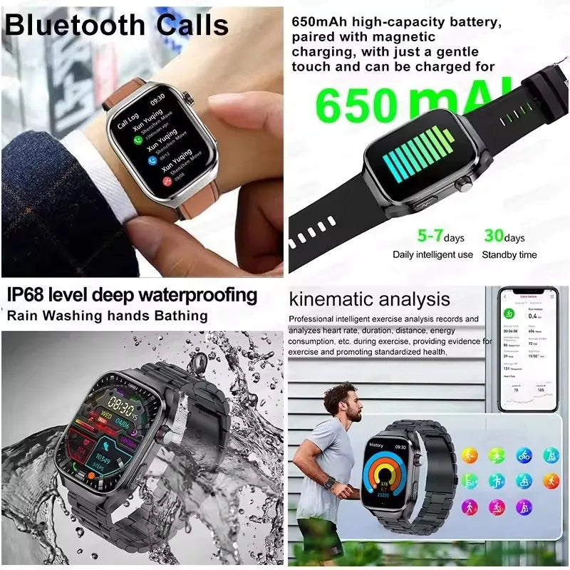 I YAN Micro Physical Examination Smart Watch for men showing a sleek black design with health monitoring features and Bluetooth connectivity.
