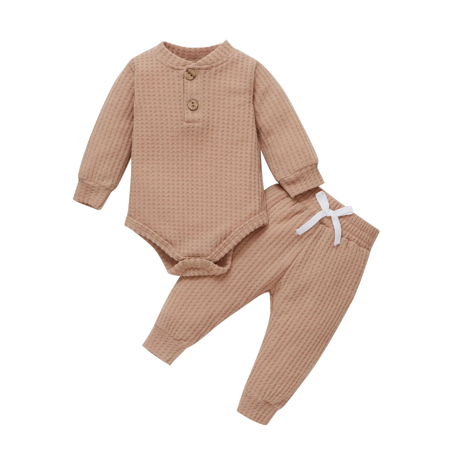 Infant baby girl and boy spring autumn ribbed and plaid solid long sleeve bodysuits with elastic pants, I YAN 2-piece outfit set.