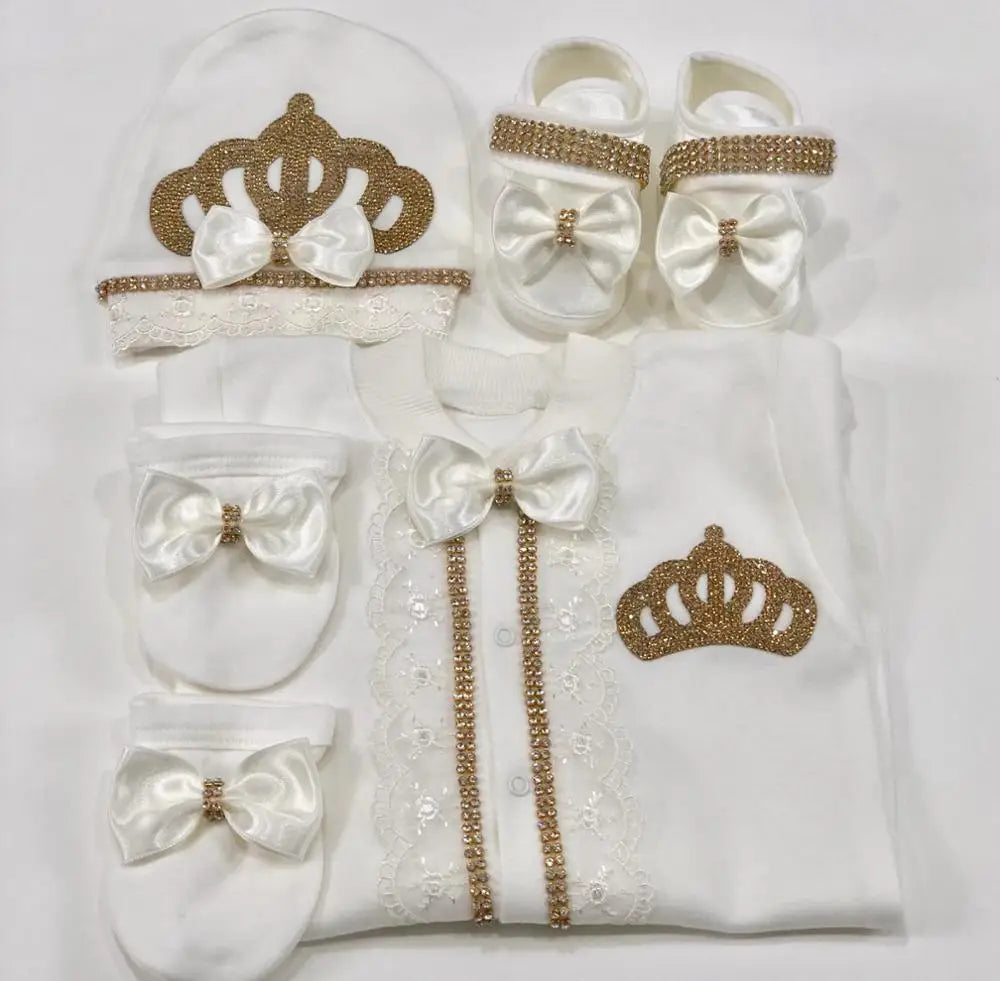 Luxury Newborn Baby Romper Set 4-Piece – Crystal Crown Layette for Photography & Coming Home - I YAN