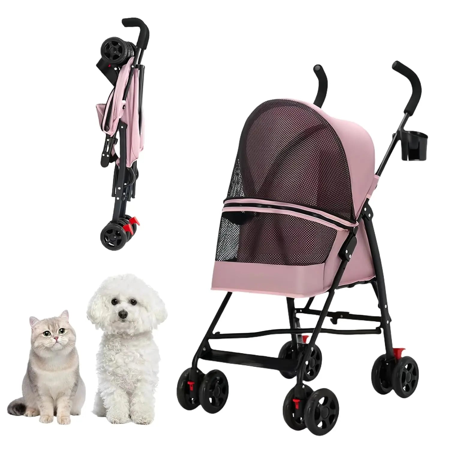 Small Pet Walks! Pink 4-Wheel Foldable Dog Stroller for 0-15 lbs Pets, Cup Holder, Breathable Mesh