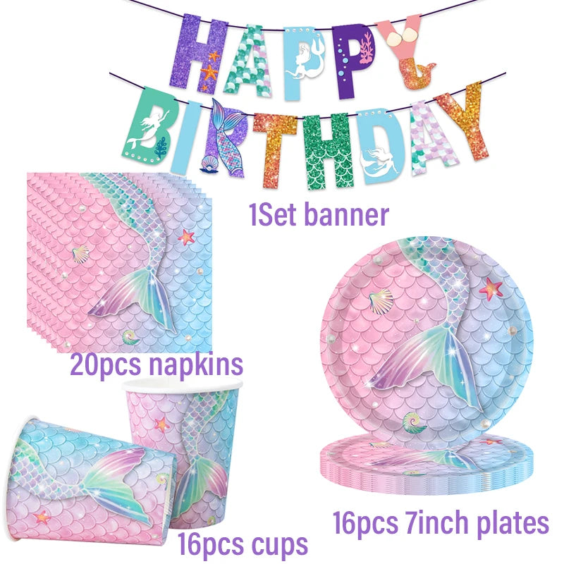 Mermaid Themed Party Disposable Tableware Little Mermaid Tail Paper Plates Cups Napkins Banner Birthday Party Decoration Supplie