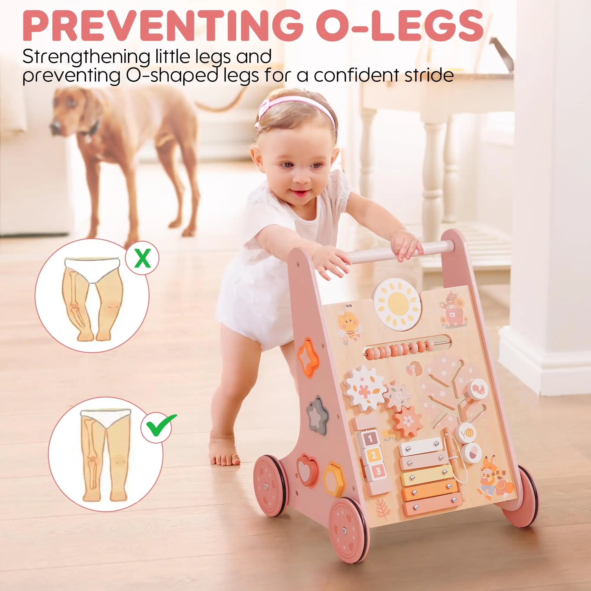Wooden baby walker by ROBOTIME ROBUD with activity center, storage, and Montessori design for boys and girls.
