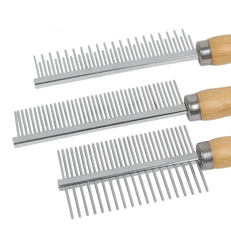 Stainless steel cat and dog hair brush with wooden handle, I YAN pet grooming comb for removing loose fur and cleaning pets.