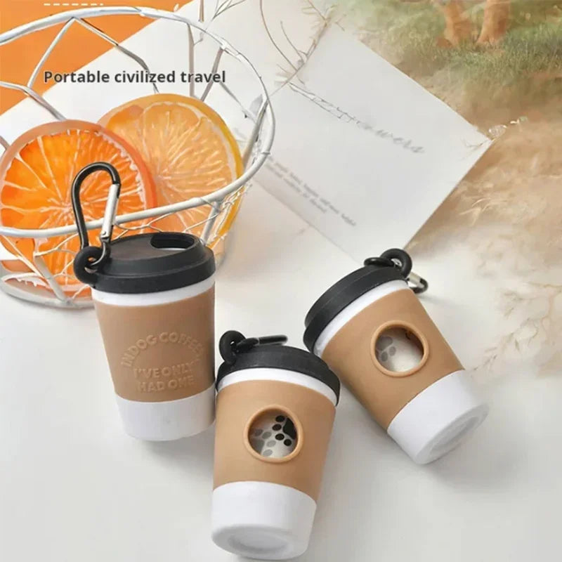 Portable I YAN pet poop trash can dispenser with coffee cup design, outdoor dog waste storage and garbage bag holder for walks.