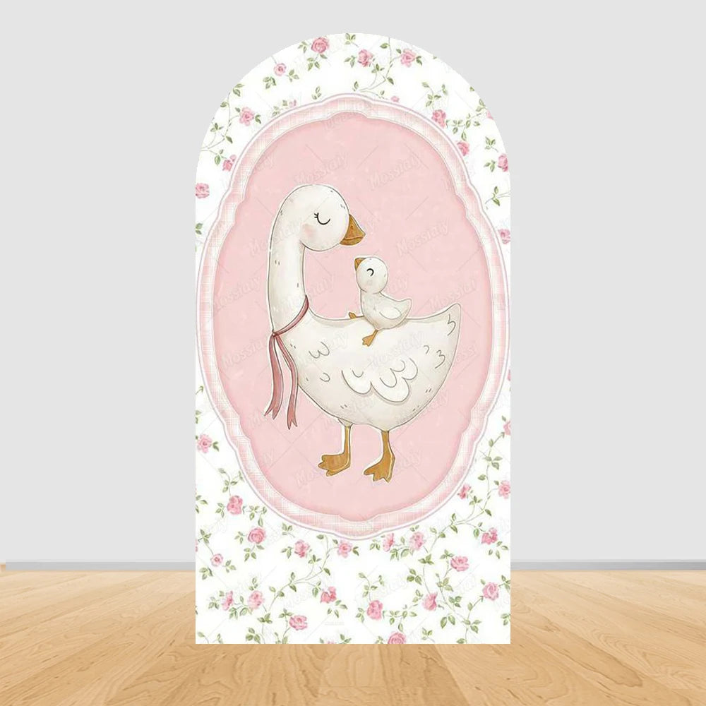 Cartoon Big White Goose Pink Bow Arch Cover Backdrop Children Baby 1st Birthday Party Baby Shower Decor Background Double-Sided