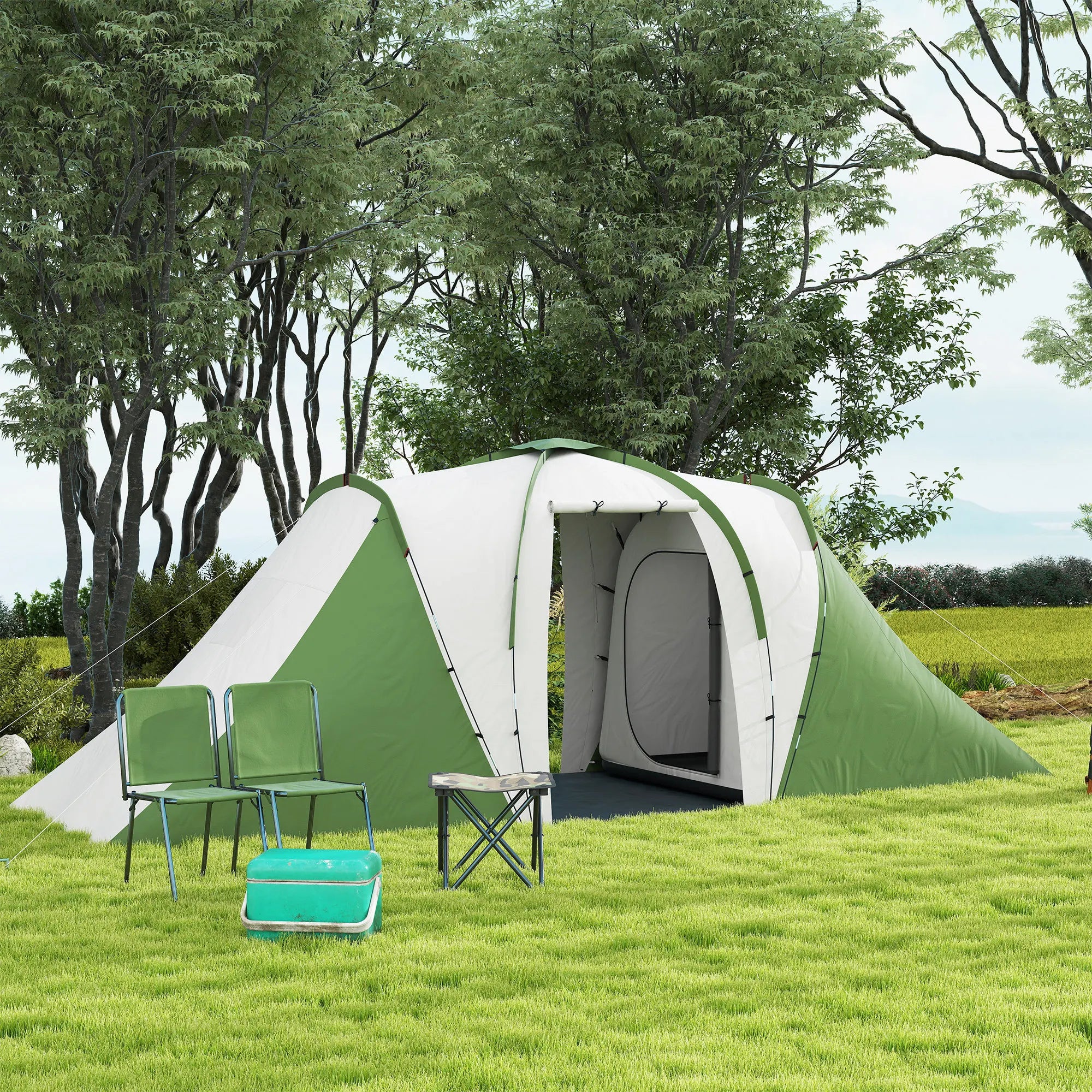 Outsunny 4-6 Man Tunnel Tent with 2 Bedroom and Living Area, Large Camping Tent, 2000mm Waterproof, Portable with Bag