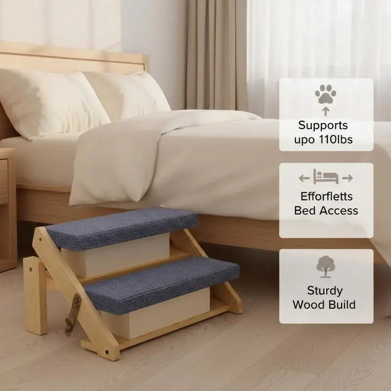 I YAN wood pet stairs, 2-step foldable ladder for small to large cats and dogs, sturdy and stable with 110lbs capacity.