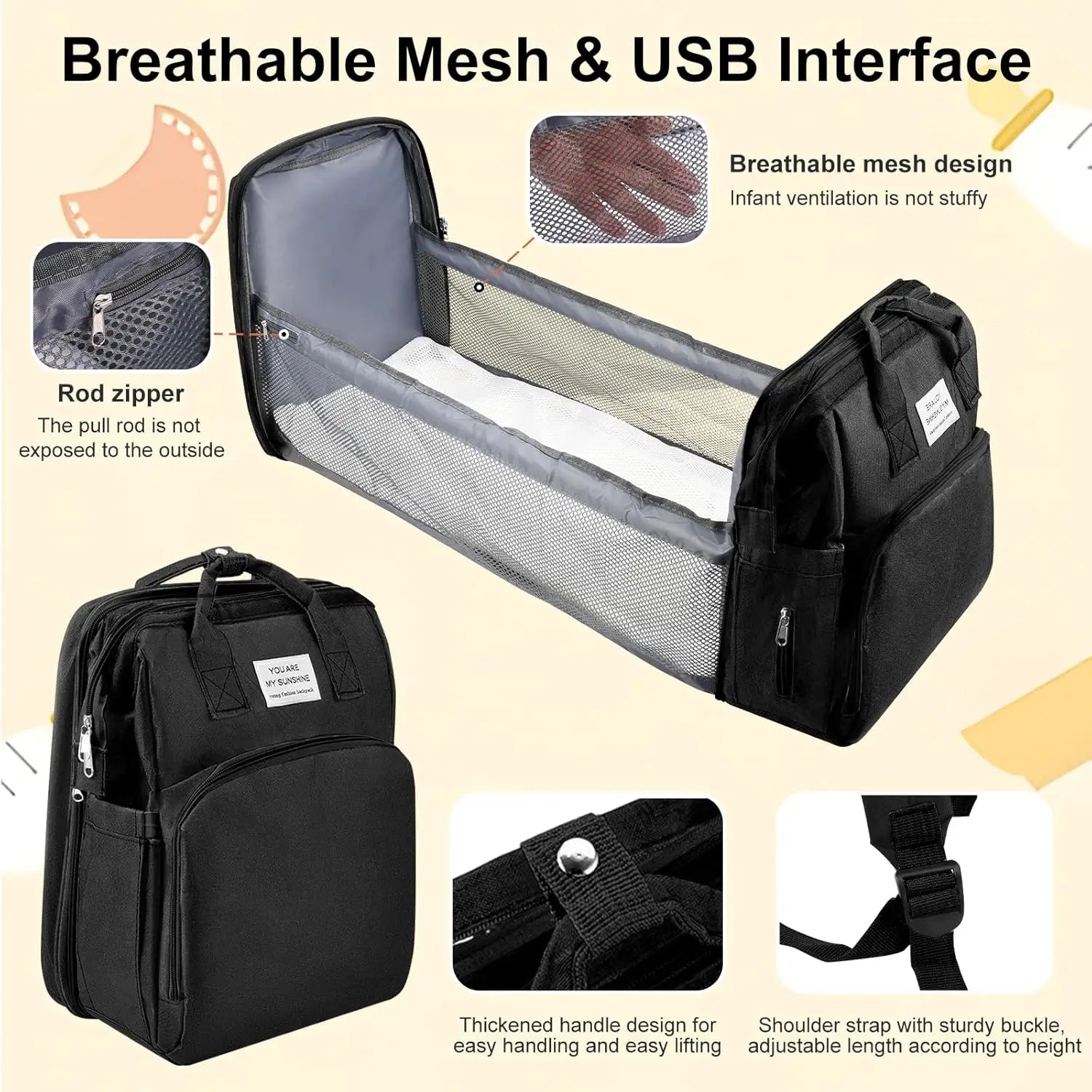 Baby Changing Nappy Bag with Changing Mat Large Capacity for Mum Waterproof Portable Backpack Foldable Bed Stroller StrapsTravel