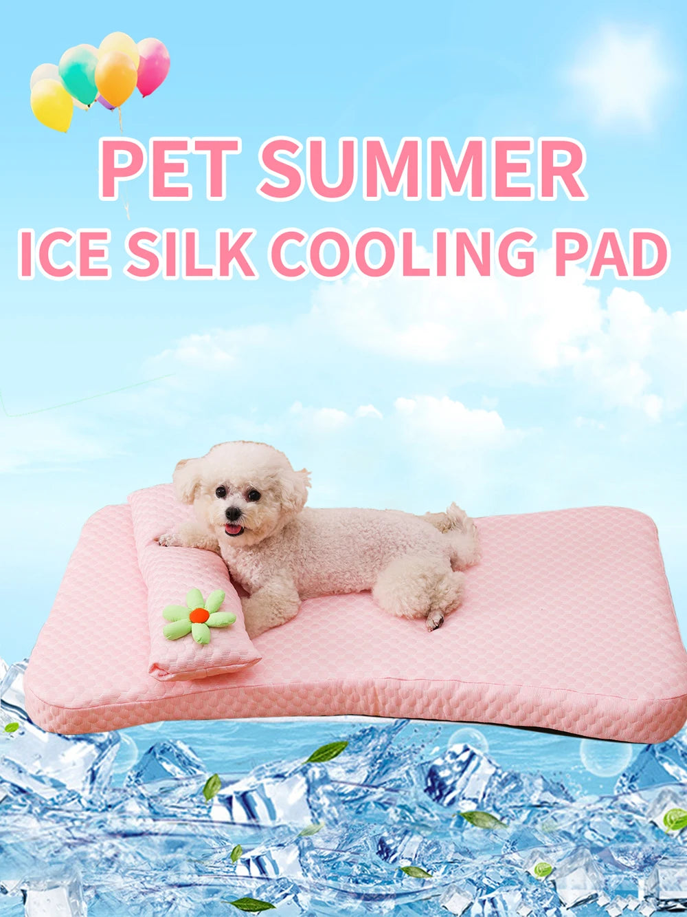 I YAN ice silk dog sofa with thickened cooling pet bed, detachable cushion, elastic sponge design, and pillow for medium dogs.