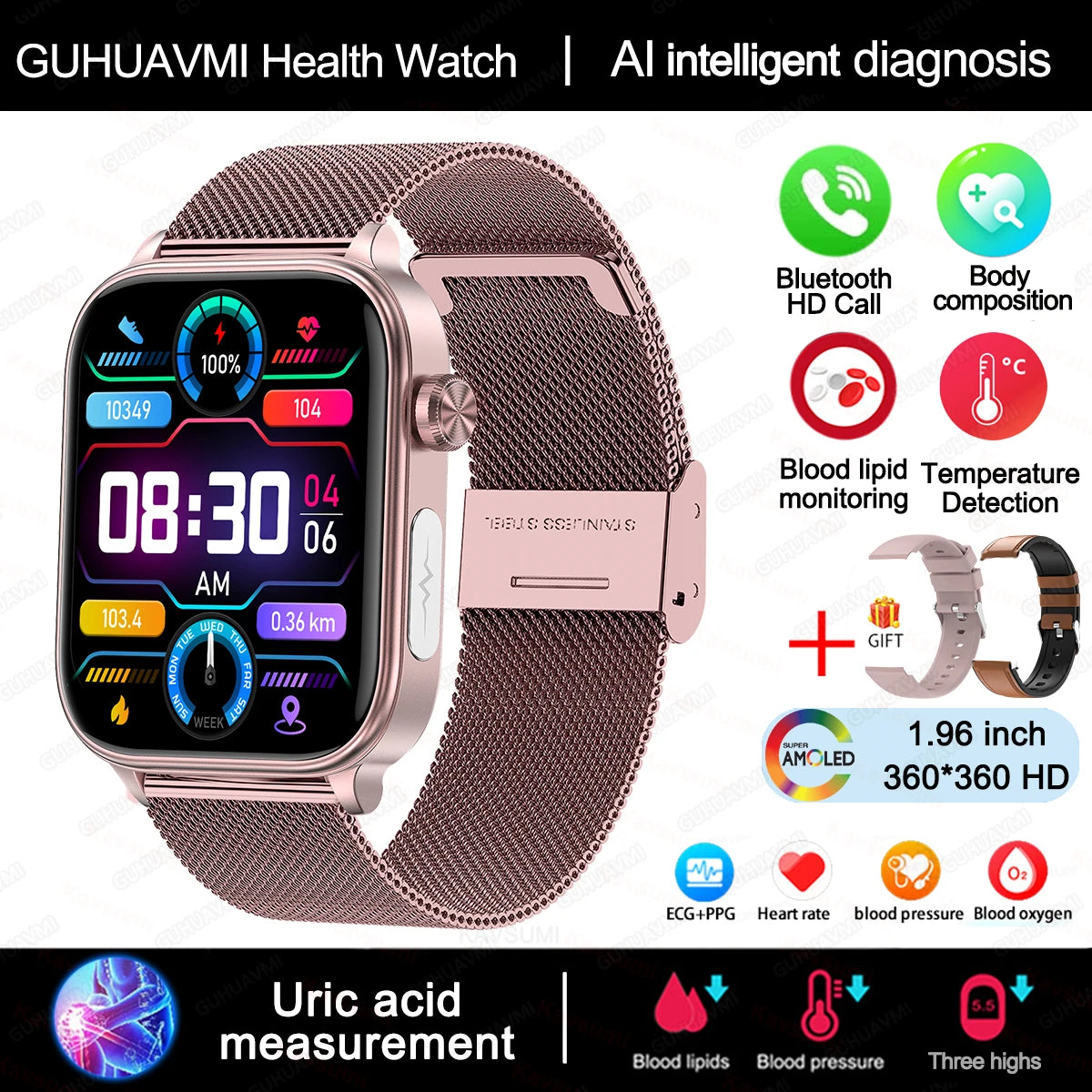 ECG+PPG Monitoring Smart Watch Women Blood pressure Blood Lipid Uric Acid Women Menstrual Health Tracker Smartwatches