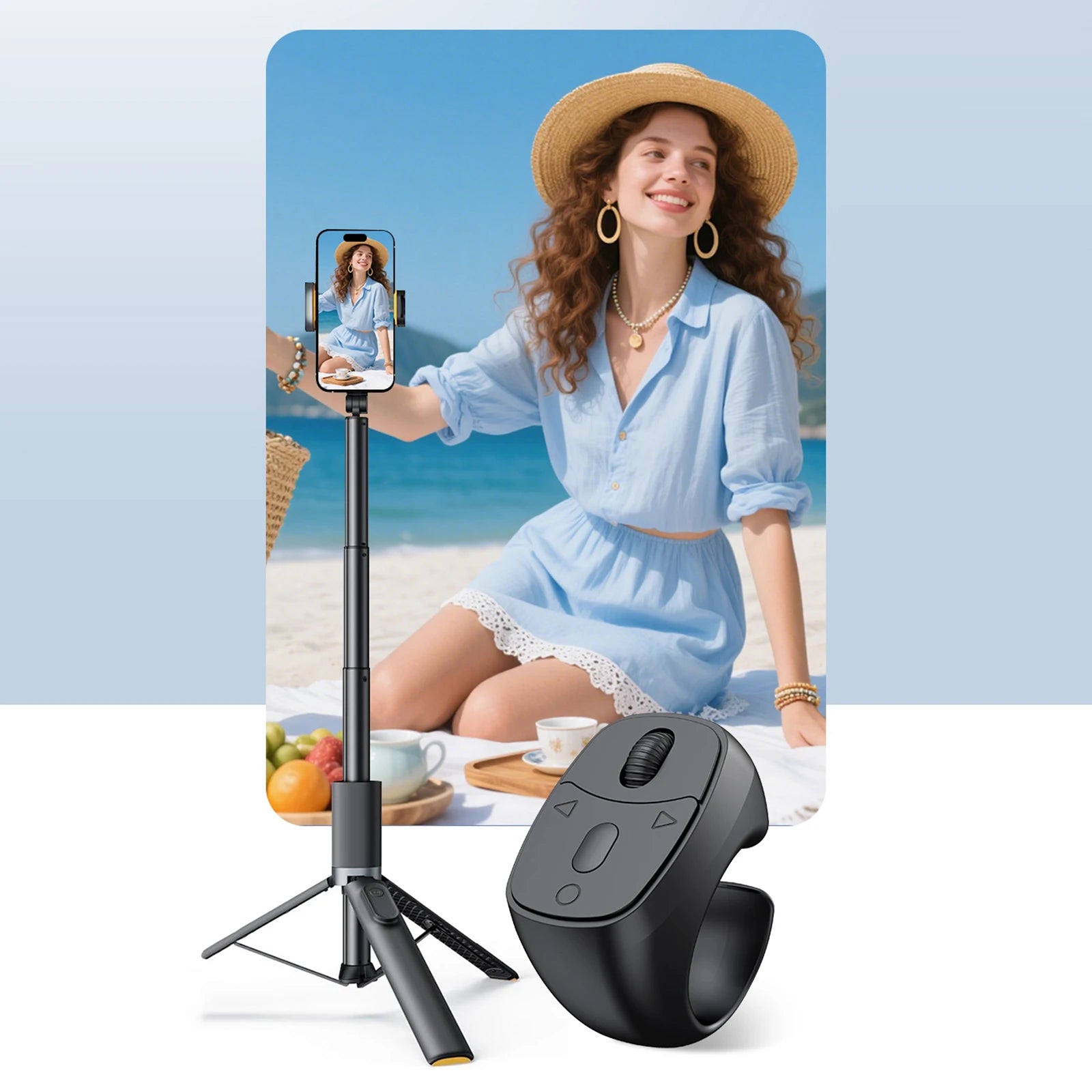 I YAN Bluetooth 5.3 remote control fingertip mouse with wireless camera shutter for selfies and camera control.