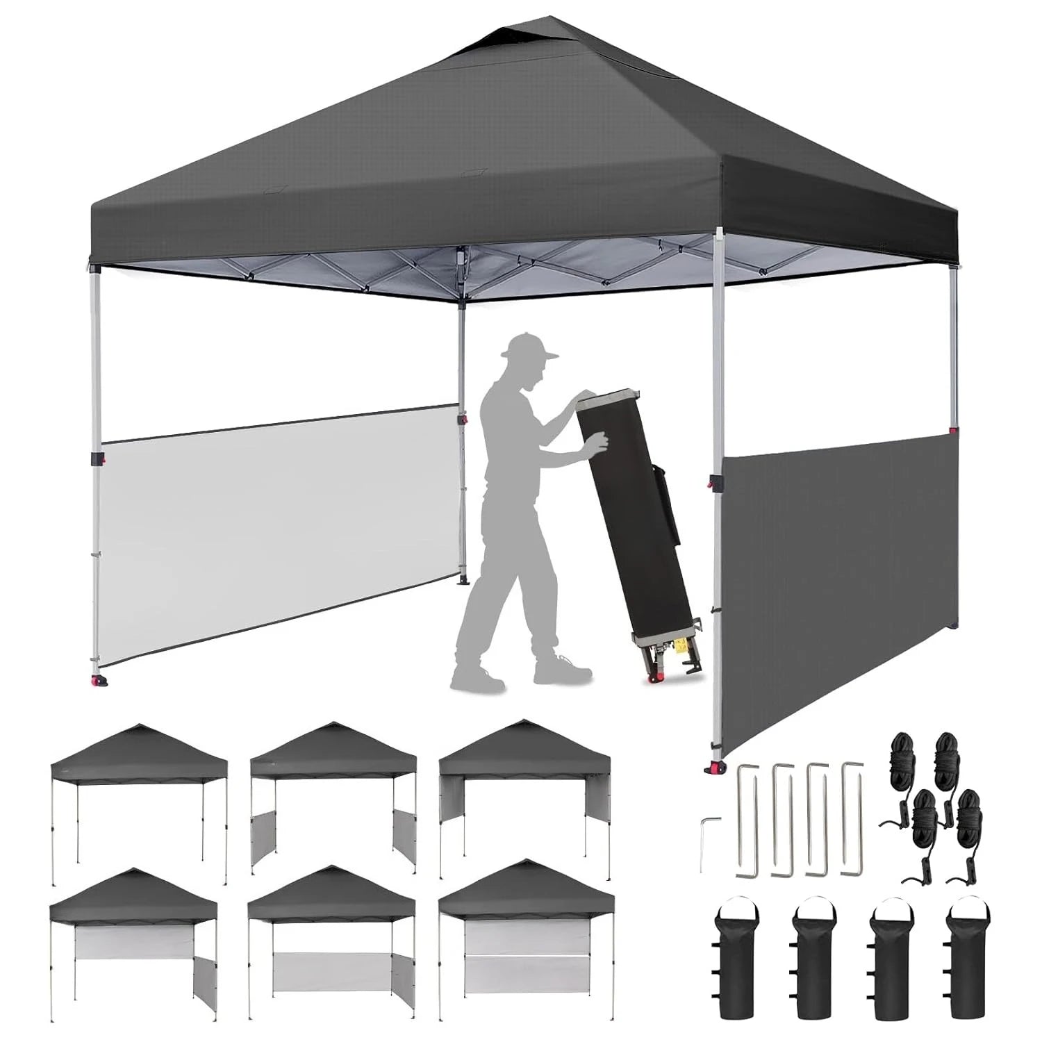 10x10 Pop up Canopy Tent Instant Canopy with 150D Silver Coated Fabric Including 2 Half Sidewalls, 4 Ropes, 8, Customized