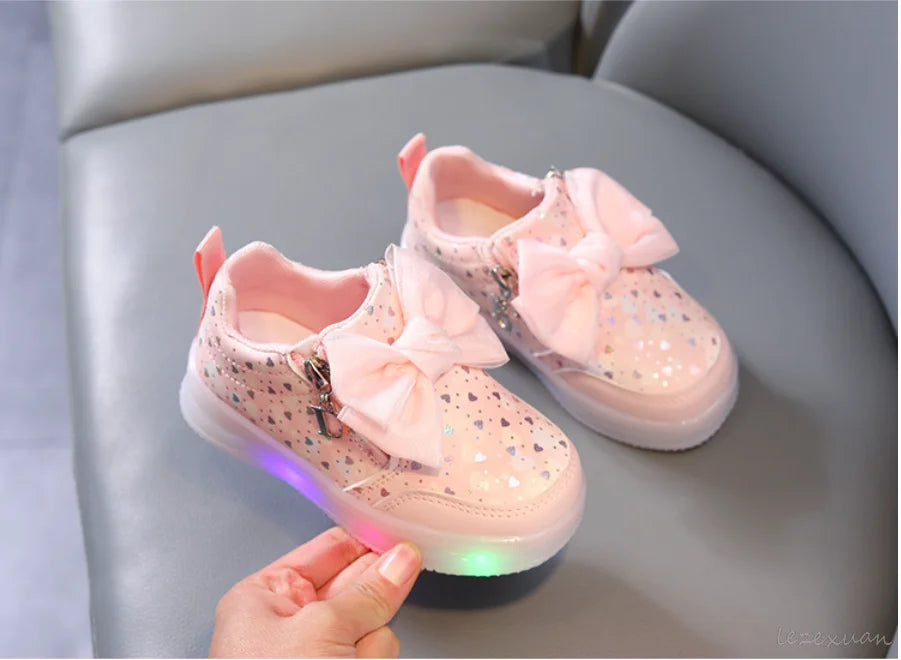 LED Casual Sneakers For Spring Girls KPop Demon Hunters Printed Mesh Breathable Shoes Children Lighted Non-slip Pink Purple
