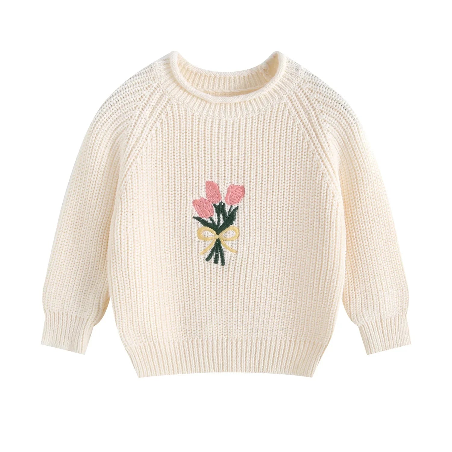 Girl Cotton Knit Pullover Embroidered Tulip Flower Sweater 2026 Spring Autumn 0-5Y Children Long Sleeve Clothing