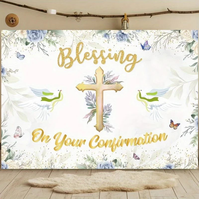 First Holy Communion Backdrop Flower Gold Cross Decor Boy Girl Baby Shower My Baptism Birthday Party Photography Background Prop