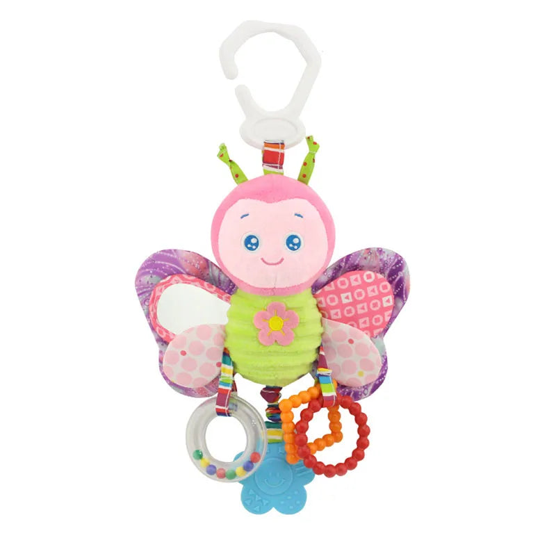 Soft plush giraffe and zebra handbells with rattles, teether, and handle toys for infants, ideal for newborn baby development.