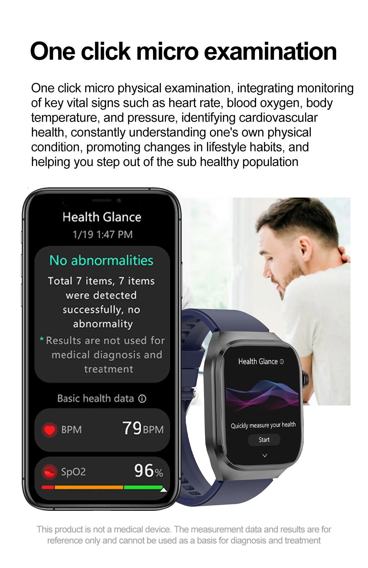 I YAN Micro Physical Examination Smart Watch for Men showing digital display of health metrics, body fat, uric acid, and Bluetooth call features.