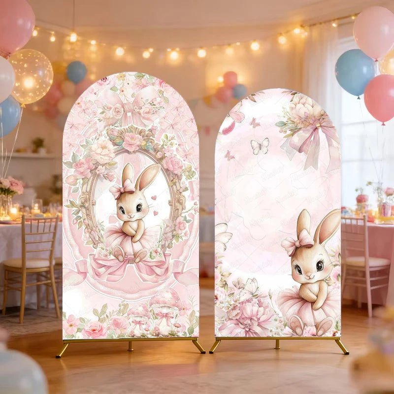 Pink Floral Bowknot Bunny Rabbit Arch Backdrop Cover Girl's Birthday Sweetheart Party Decor Photo Photography Background Props
