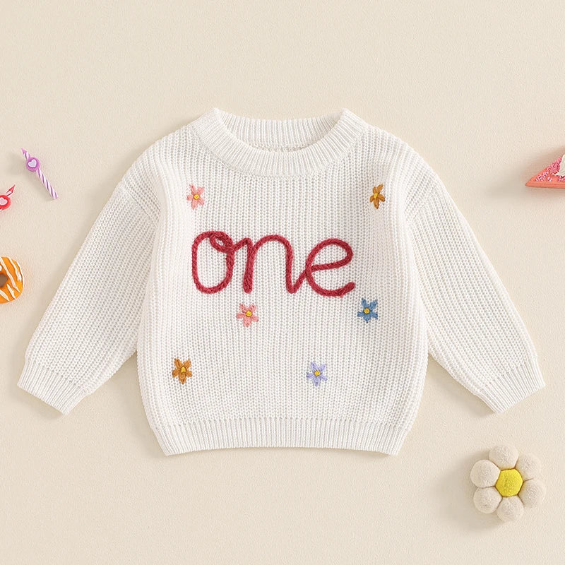 Baby Girl First Birthday Outfit One Embroidery Sweater Pullover Oversized Knit 1st Birthday Winter Cute Clothes