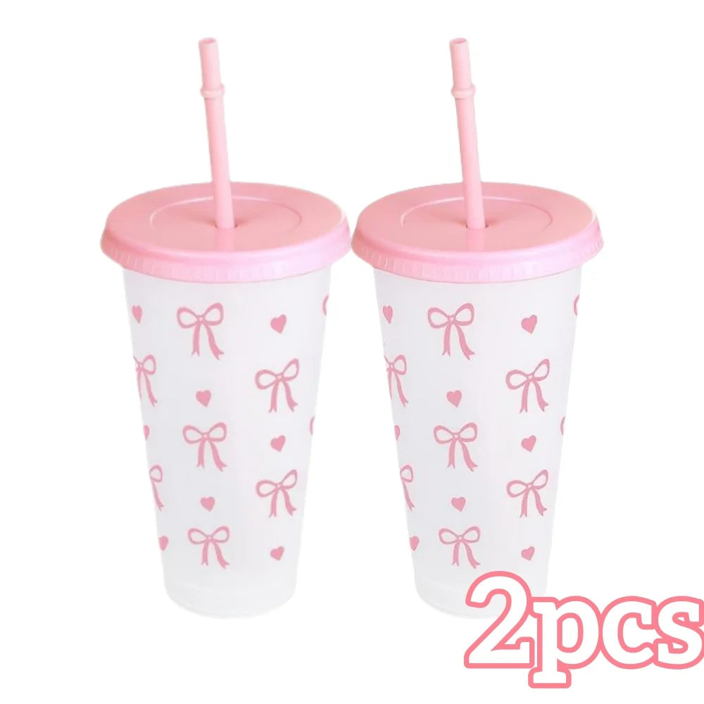 2/20pcs  Reusable Party Cups with Straw & Lid Cute Bow Plastic Tumblers for Cold Drinks Home Office Outdoor Use