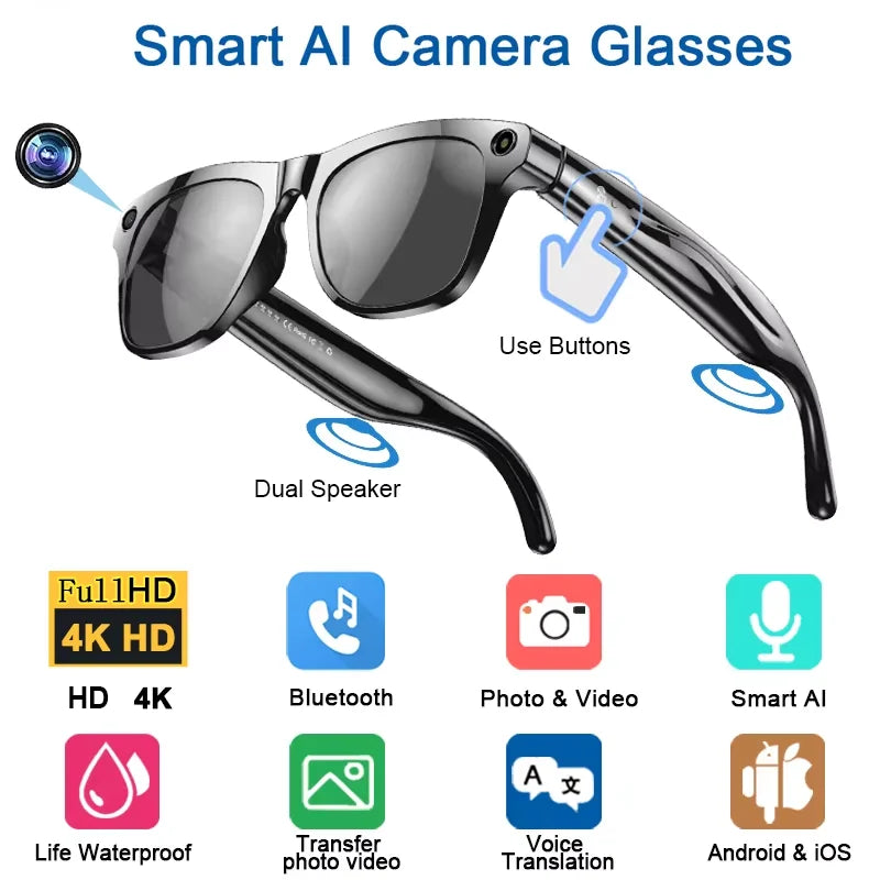 4K HD AI Smart Glasses 800w Pixel Multifunctional Camera Bluetooth Call Voice Assistant Music Player Smart Translation ﻿