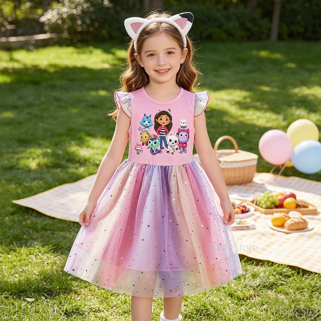 Summer Girls Daily Dresses Fly-sleeve Mesh Star Princess Dress Children's Cartoon Gaby Cosplay Costume+Headband Birthday Gift
