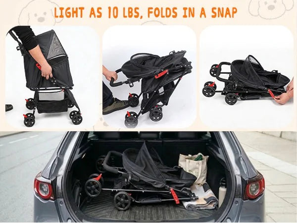 Lightweight I YAN pet stroller for small dogs and cats, foldable 4-wheel design with storage basket for portable travel comfort.