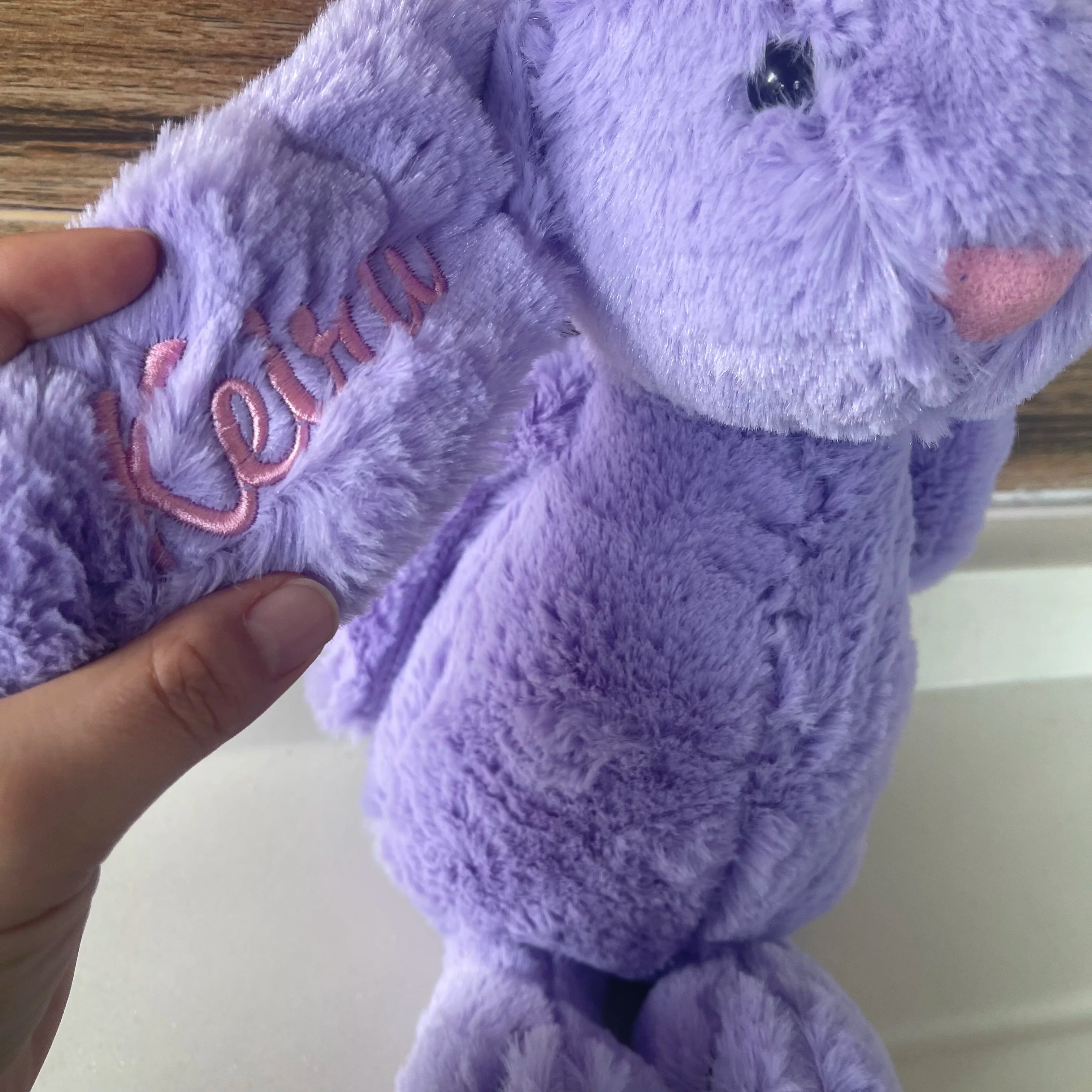 Personalized I YAN Shy Bunny plush toy with custom embroidered name, 40cm soft rabbit doll for gifting.