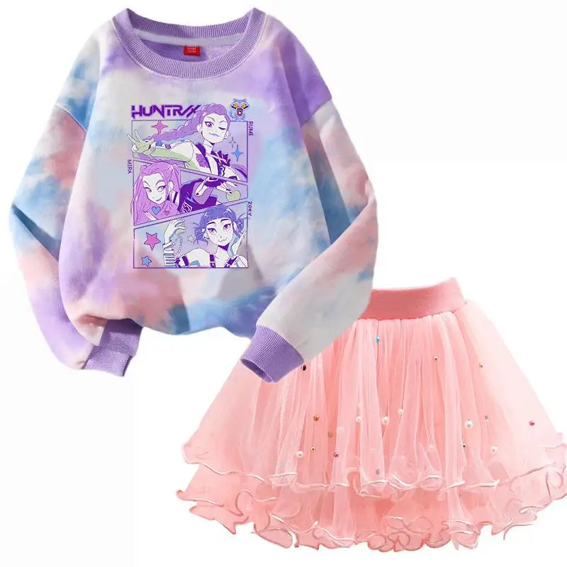 K-Pop Hunters Zoey Mira Rumi Children Sweaters Girls Tie-dye Sweatshirt Pink Pullovers Kids Tops Tulle Princess Dresses Suit