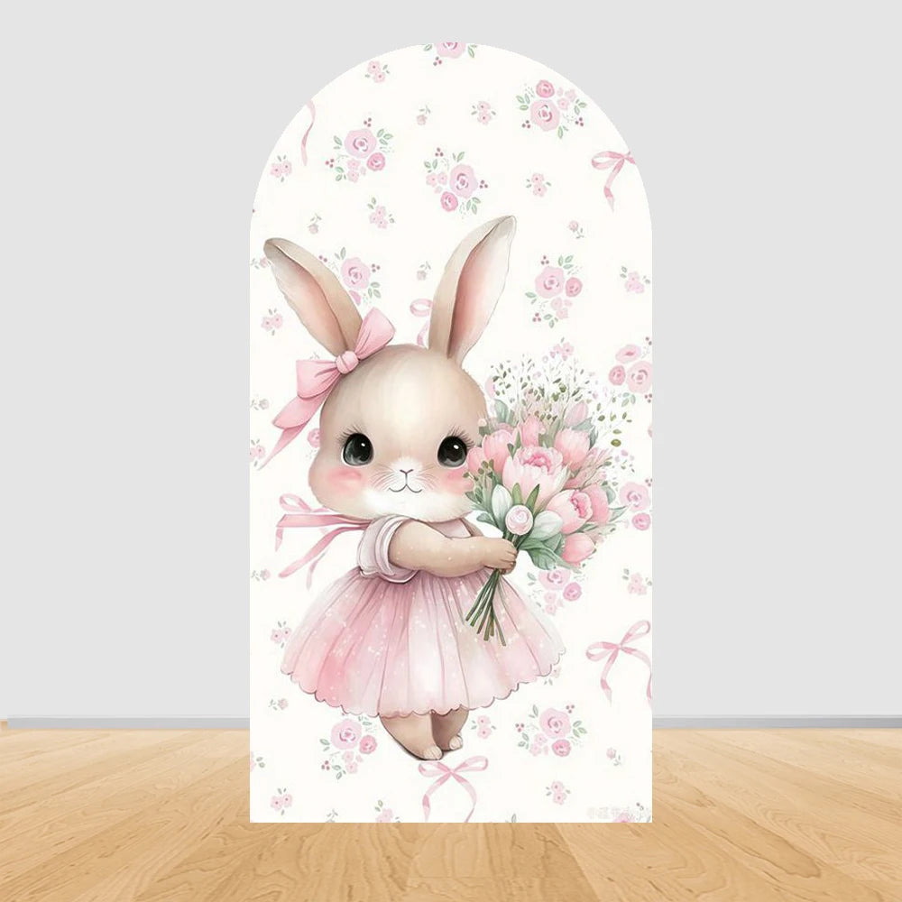 Easter Bunny Rabbit One Birthday Arch Backdrop Cover Pink Dress Floral Bowknot Sweetheart Girl Cake Party Decor Photo Wall