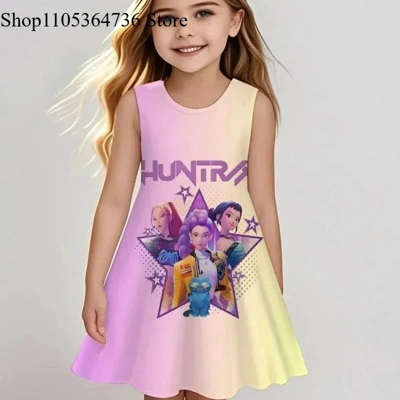 Kpop "Demon Hunter" Spring/Summer Sleeveless Dress - Cute and Playful Beach and Outdoor Children's Dress for Girls, Fashionable