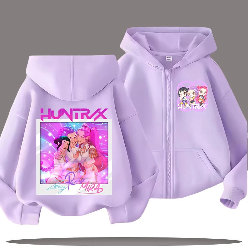 K-pop Demon Hunters Hooded Coat for Child Anime Huntrix Rumi Zoey Cartoon Fashion Zip Jacket Boy Girl Cute Top Kids Clothes Gift