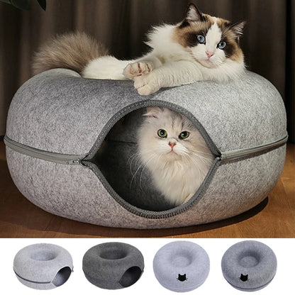 Small round felt cat tunnel and nest from I YAN, featuring a donut-shaped bed, perfect for kittens to sleep, play, and scratch.