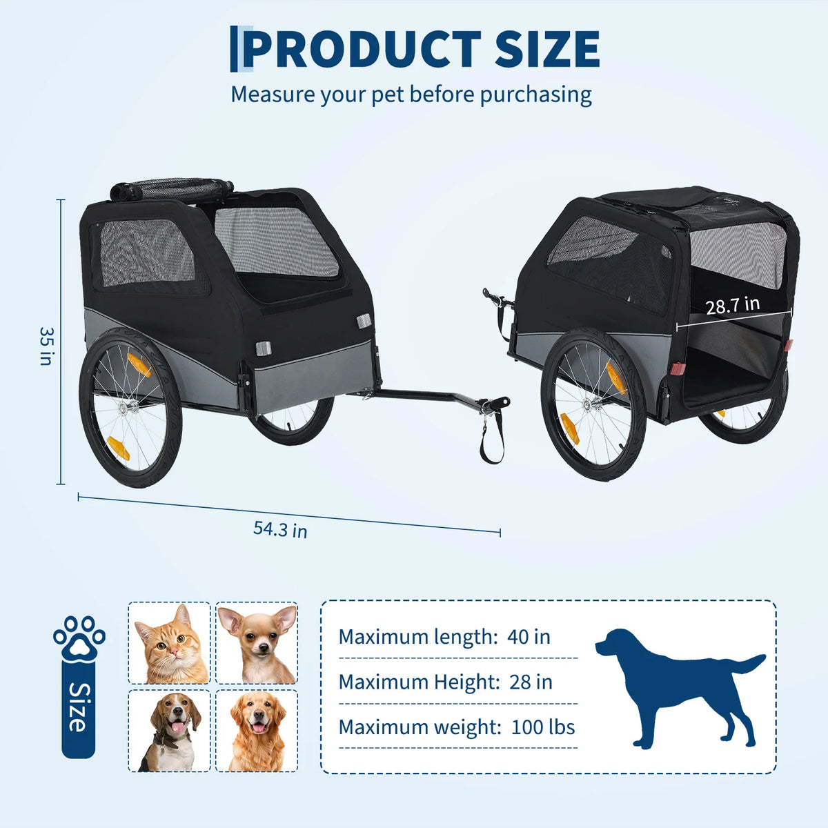 Foldable I YAN dog bike trailer with steel frame, Oxford fabric, mesh window, black color, suitable for medium to large dogs and cats.