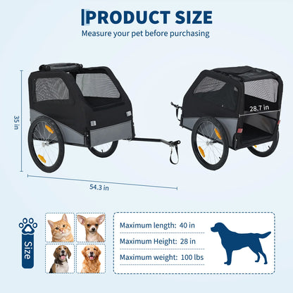 Foldable I YAN dog bike trailer with steel frame, Oxford fabric, mesh window, black color, suitable for medium to large dogs and cats.